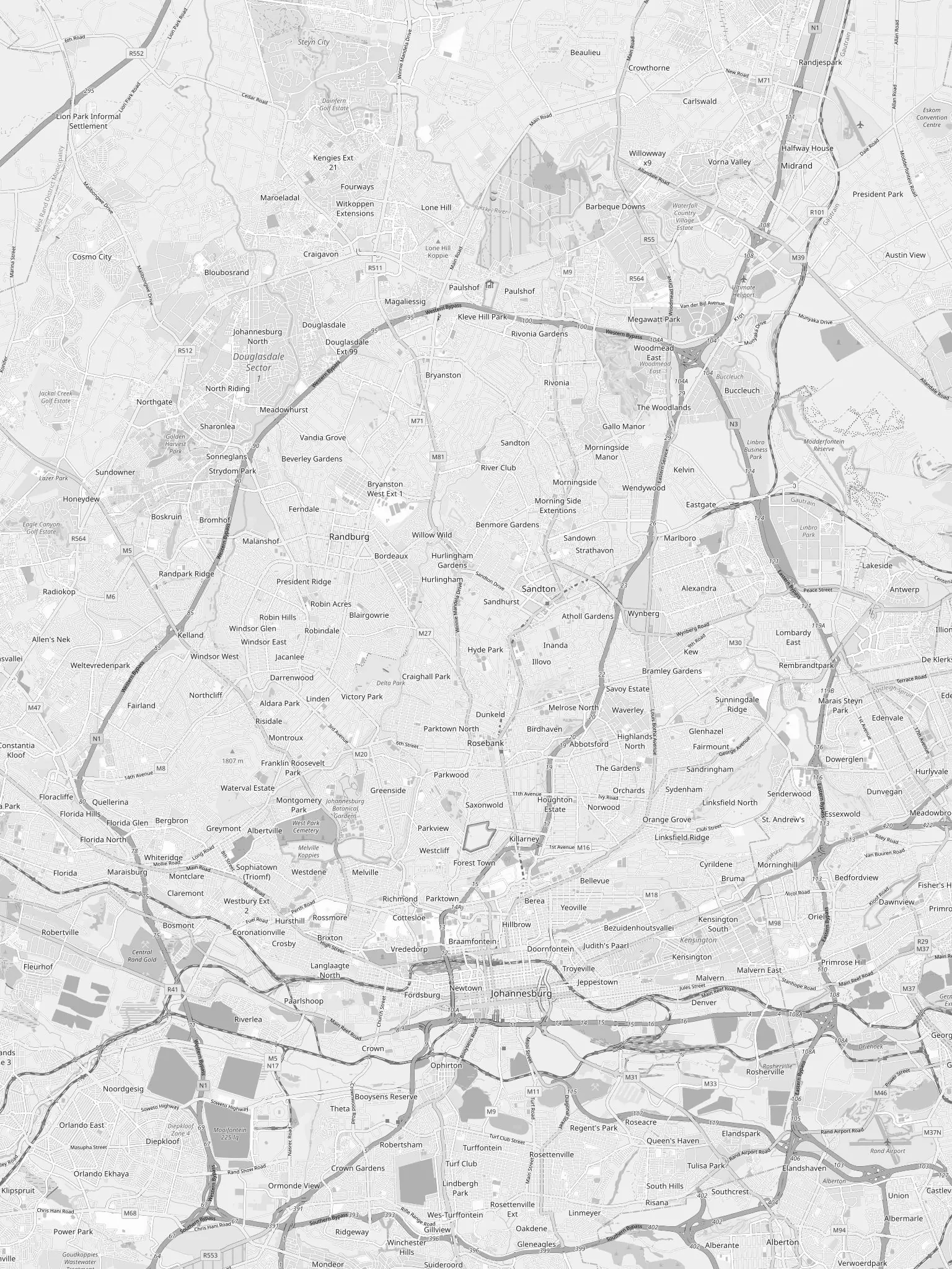 Map of northern Johannesburg, from Fourways to the city centre